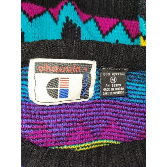 Vtg 80s Chauvin Retro Geometric Sweater Size MED Black Turquoise Jumper Pullover - Picture 4 of 4